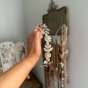 Gold Floral & Leaf Headband With Pearl Accents